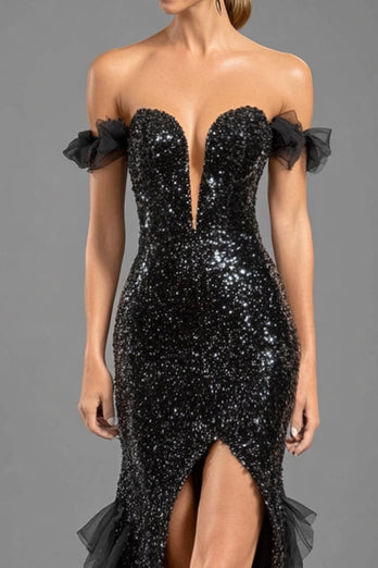 Glitzer Schwarz Schulterfreie Geraffte Langes Abendkleid mit Schlitz