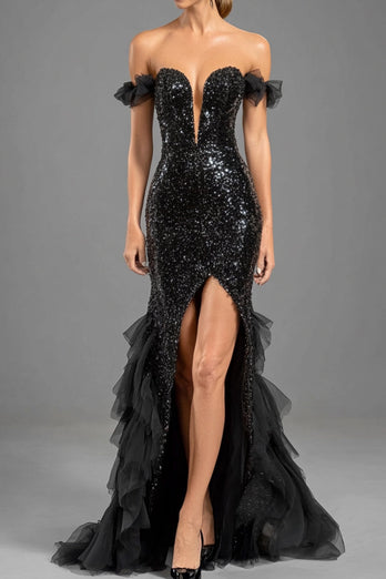 Glitzer Schwarz Schulterfreie Geraffte Langes Abendkleid mit Schlitz