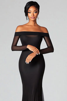 Schwarz Schulterfreie Mmermaid Langes Abendkleid mit Ärmeln
