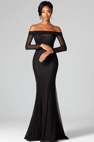 Schwarz Schulterfreie Mmermaid Langes Abendkleid mit Ärmeln