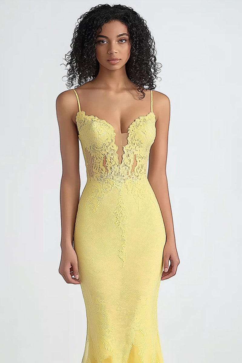Laden Sie das Bild in den Galerie-Viewer, Narzissen Korsett Spaghettiträger Langes Abendkleid mit Spitze