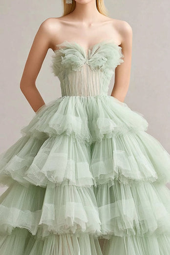 Salbei Herzhals Tüll Gestaffelte Tee Länge Abendkleid