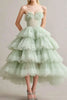 Laden Sie das Bild in den Galerie-Viewer, Salbei Herzhals Tüll Gestaffelte Tee Länge Abendkleid