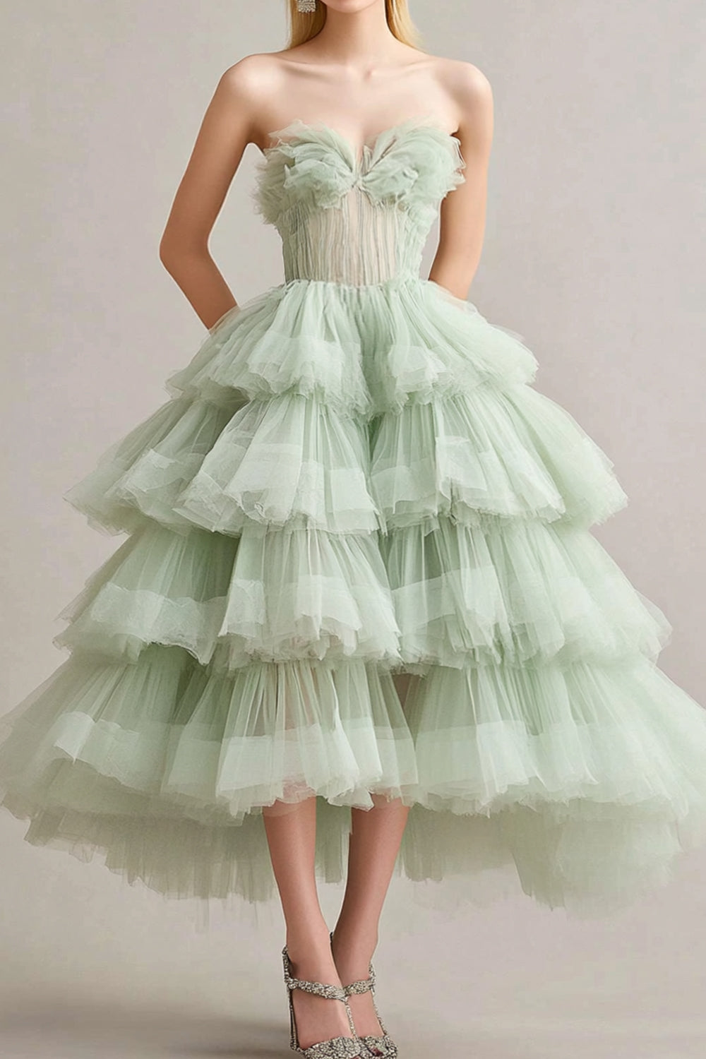 Salbei Herzhals Tüll Gestaffelte Tee Länge Abendkleid