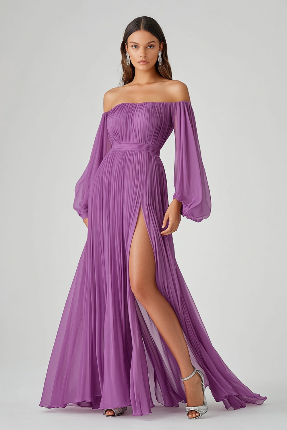 Lila Chiffon Plissee Schulterfreies Langes Abendkleid mit Schlitz