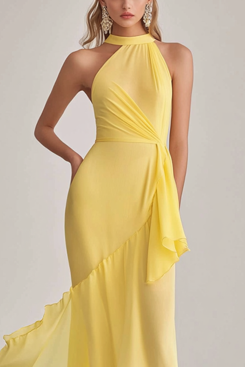 Laden Sie das Bild in den Galerie-Viewer, Narzisse Chiffon Asymmetrisch Gerafftes Langes Abendkleid