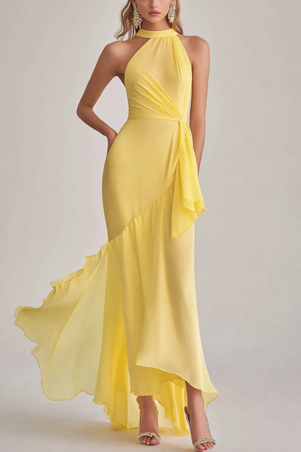 Narzisse Chiffon Asymmetrisch Gerafftes Langes Abendkleid