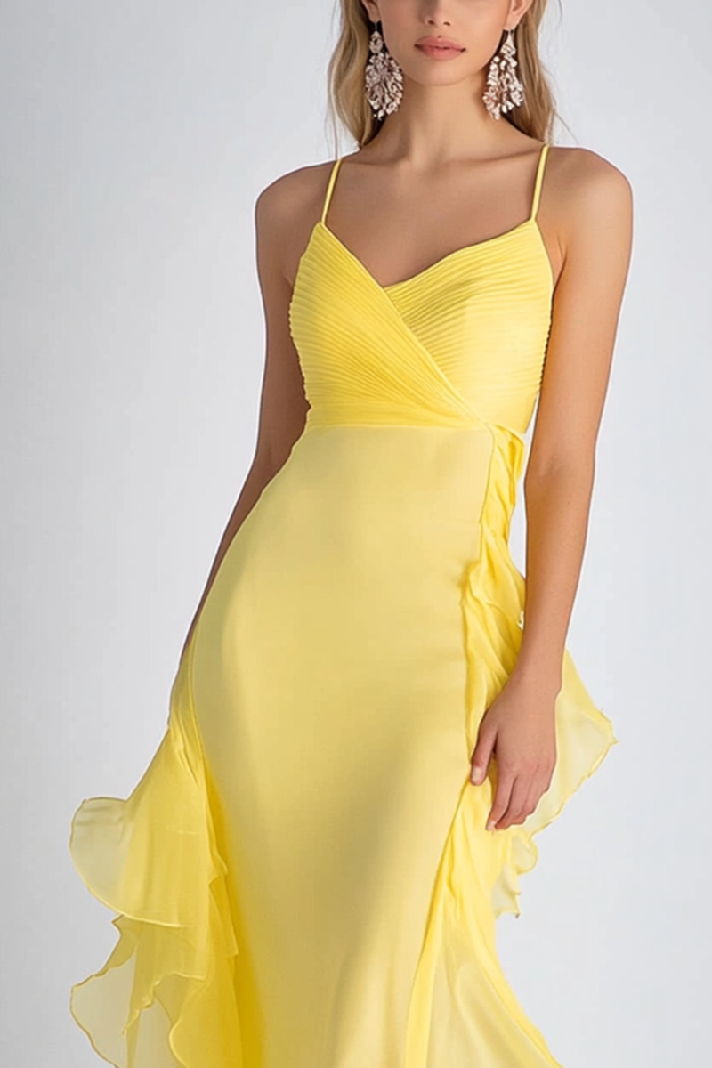 Laden Sie das Bild in den Galerie-Viewer, Narzisse Spaghettiträger Chiffon Langes Abendkleid mit Rüschen
