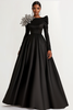Laden Sie das Bild in den Galerie-Viewer, Schwarz Satin A Linie Langes Ärmeln Abendkleid mit Glitzer Blumen