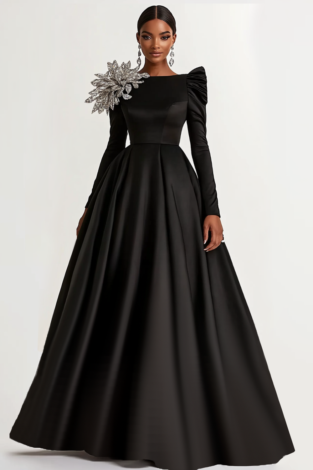 Schwarz Satin A Linie Langes Ärmeln Abendkleid mit Glitzer Blumen