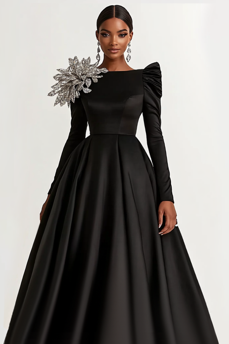 Laden Sie das Bild in den Galerie-Viewer, Schwarz Satin A Linie Langes Ärmeln Abendkleid mit Glitzer Blumen