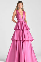 Laden Sie das Bild in den Galerie-Viewer, Fuchsia V-Ausschnitt Gestufte Satin Langes Abendkleid