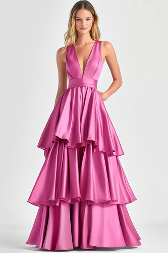 Fuchsia V-Ausschnitt Gestufte Satin Langes Abendkleid