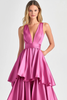 Laden Sie das Bild in den Galerie-Viewer, Fuchsia V-Ausschnitt Gestufte Satin Langes Abendkleid