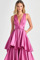 Laden Sie das Bild in den Galerie-Viewer, Fuchsia V-Ausschnitt Gestufte Satin Langes Abendkleid