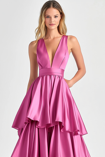 Fuchsia V-Ausschnitt Gestufte Satin Langes Abendkleid