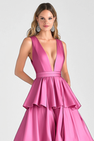 Laden Sie das Bild in den Galerie-Viewer, Fuchsia V-Ausschnitt Gestufte Satin Langes Abendkleid