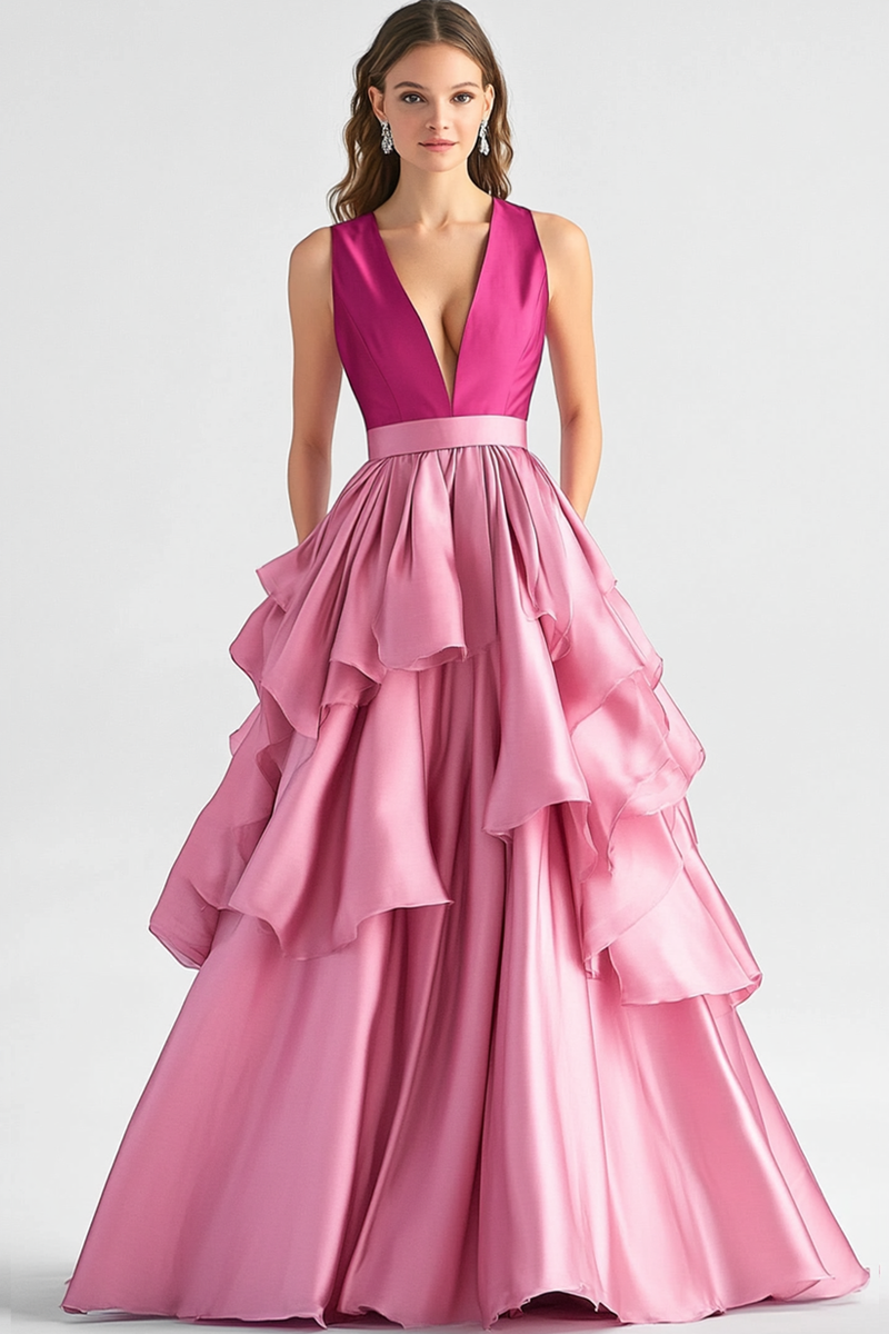 Laden Sie das Bild in den Galerie-Viewer, Heißes Rosa A Linie Gestaffelt Satin Langes Abendkleid