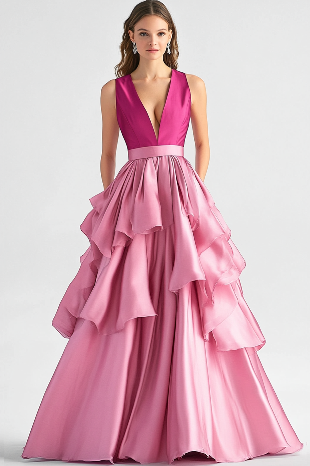 Heißes Rosa A Linie Gestaffelt Satin Langes Abendkleid