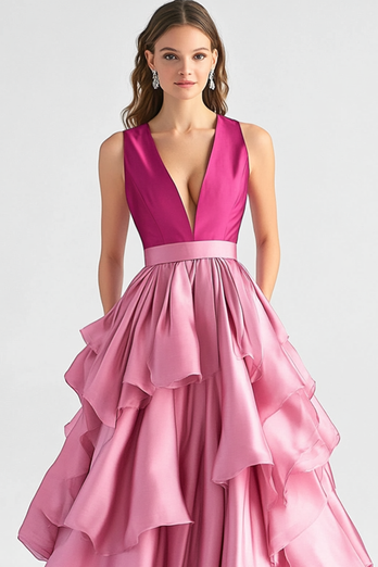 Heißes Rosa A Linie Gestaffelt Satin Langes Abendkleid