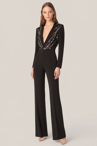 Schwarz Glitzer Tiefem V-Ausschnitt Ball Overall mit Taschen