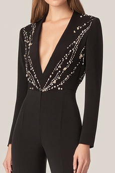 Schwarz Glitzer Tiefem V-Ausschnitt Ball Overall mit Taschen