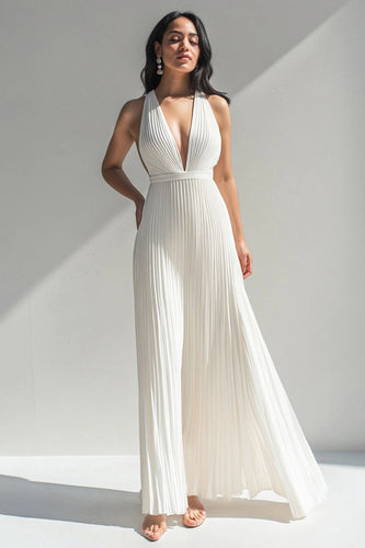 Elfenbeinfarbener Plissierter V-Ausschnitt Chiffon Ball Overall mit Hoher Taille