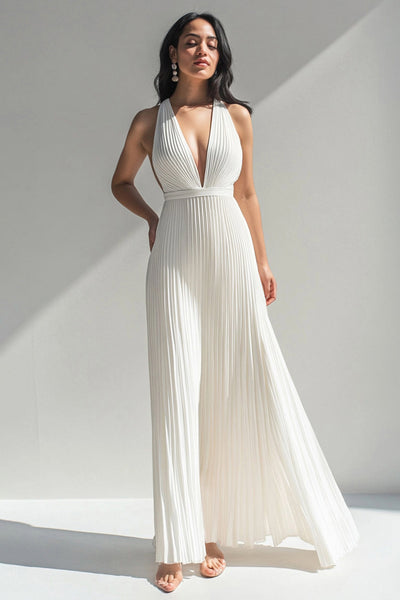 Elfenbeinfarbener Plissierter V-Ausschnitt Chiffon Ball Overall mit Hoher Taille