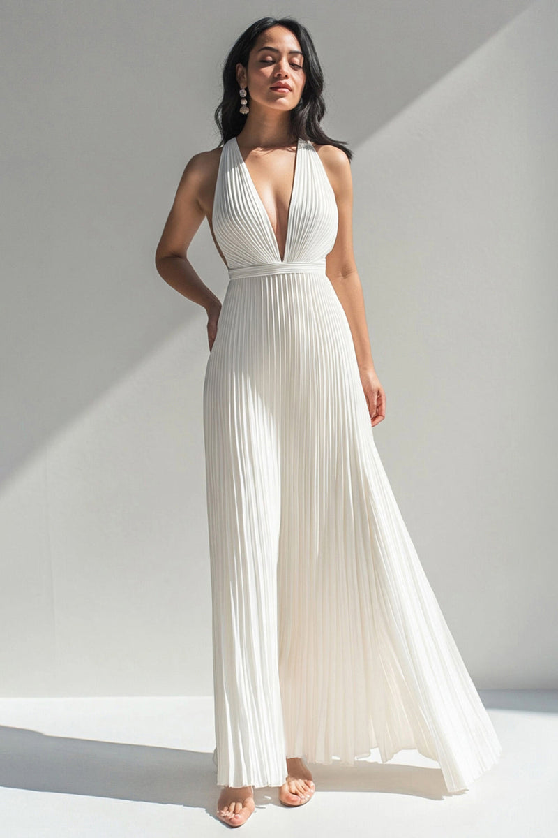 Laden Sie das Bild in den Galerie-Viewer, Elfenbeinfarbener Plissierter V-Ausschnitt Chiffon Ball Overall mit Hoher Taille