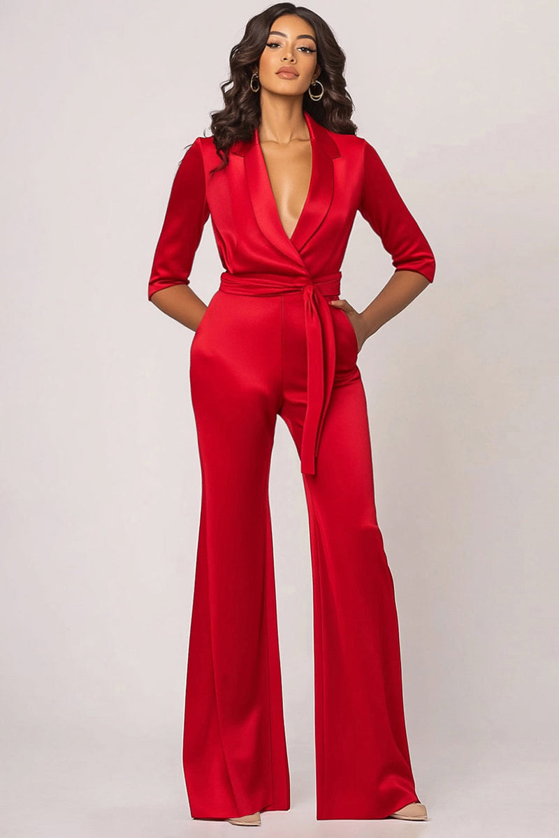 Laden Sie das Bild in den Galerie-Viewer, Rote Satin V-Ausschnitt Halben Ärmeln Hoher Taille Ball Overall