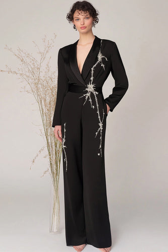 Schlichter Schwarz Satin V-Ausschnitt Perlenstickerei Ball Overall