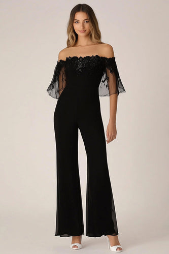 Schwarz Chiffon Schulterfreier Ball Overall mit Stickerei