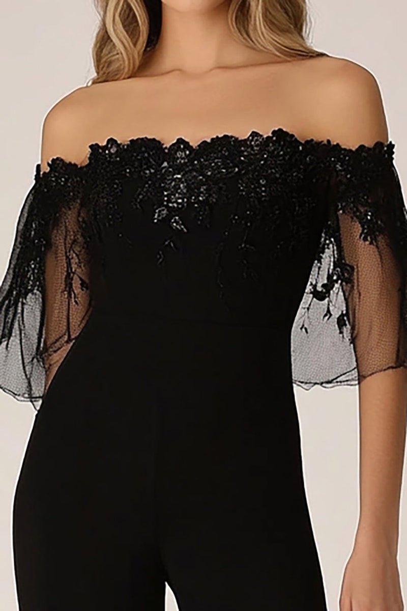 Laden Sie das Bild in den Galerie-Viewer, Schwarz Chiffon Schulterfreier Ball Overall mit Stickerei