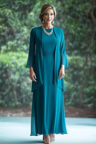 Pfau Chiffon Lange Ärmel Kleid für die Brautmutter mit Jacke