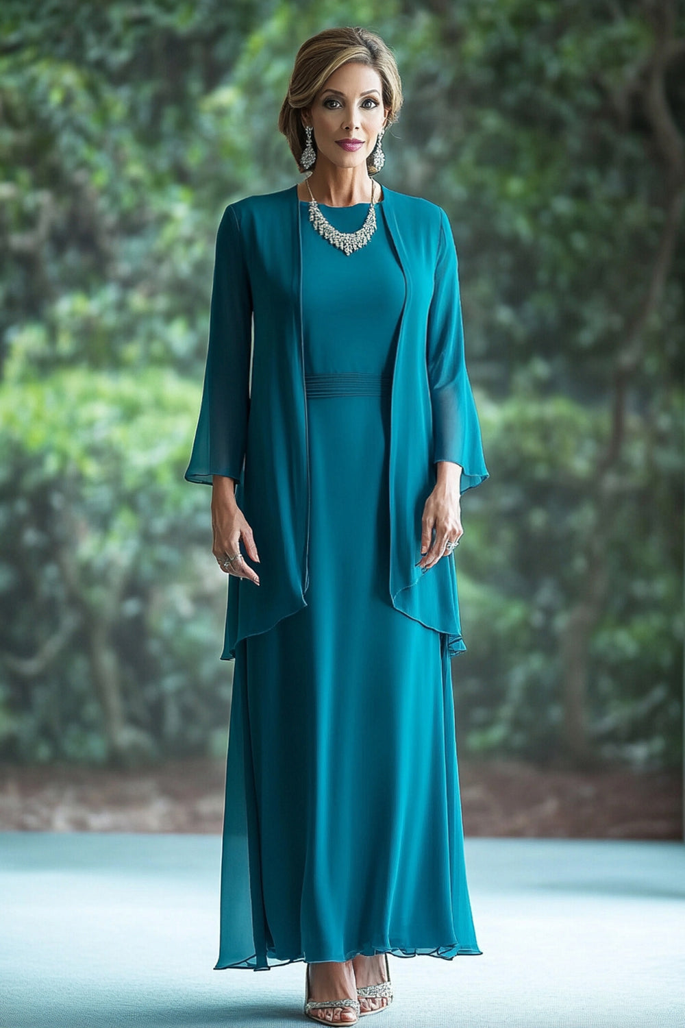 Pfau Chiffon Lange Ärmel Kleid für die Brautmutter mit Jacke