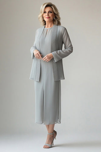 Hellgrau Chiffon Rundhals Kleid für die Brautmutter mit Pailletten Jacke