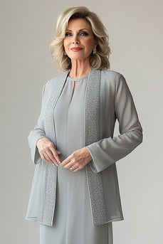 Hellgrau Chiffon Rundhals Kleid für die Brautmutter mit Pailletten Jacke