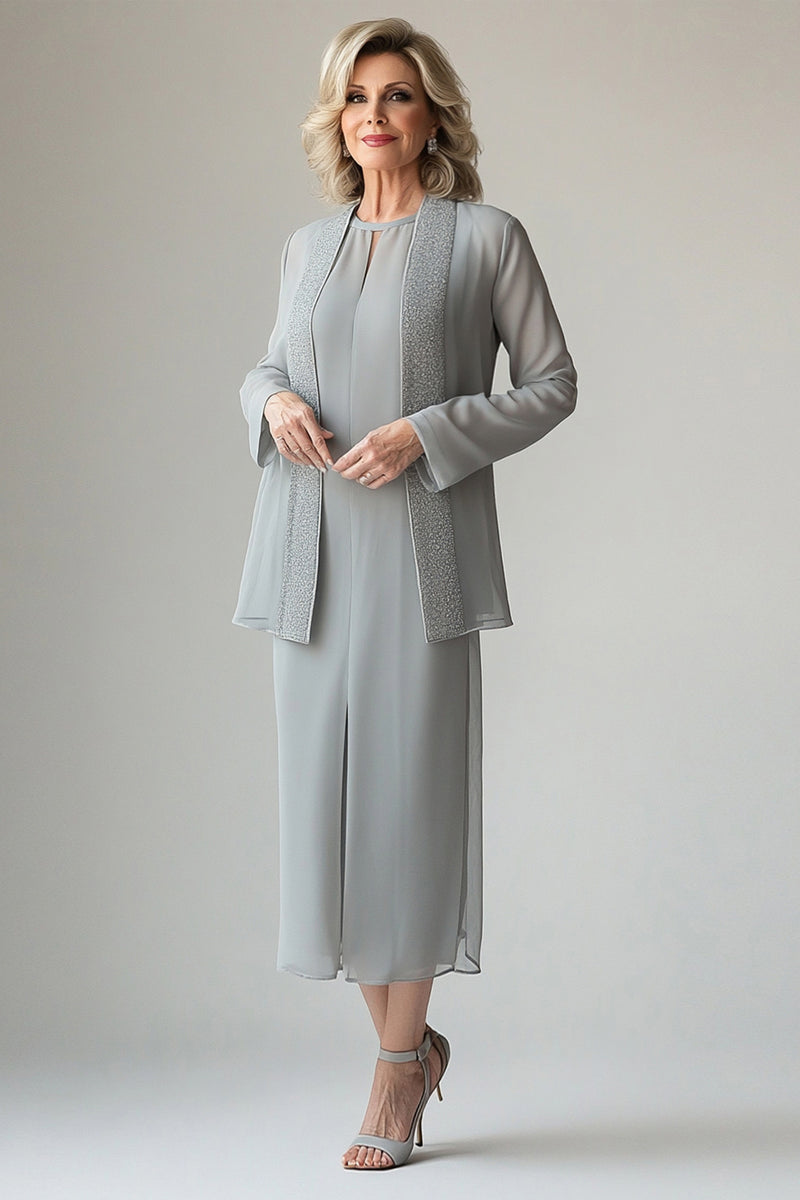Laden Sie das Bild in den Galerie-Viewer, Hellgrau Chiffon Rundhals Kleid für die Brautmutter mit Pailletten Jacke