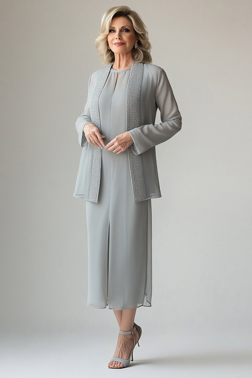 Hellgrau Chiffon Rundhals Kleid für die Brautmutter mit Pailletten Jacke