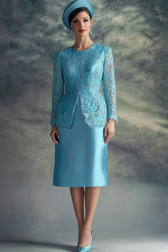 Blumen Blau Rundhals Midi Kleid für die Brautmutter