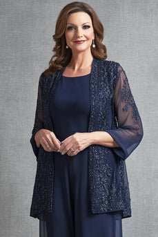 Glitzer Marineblau Chiffon Overall mit Blumen Jacke