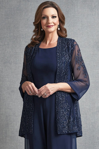 Glitzer Marineblau Chiffon Overall mit Blumen Jacke
