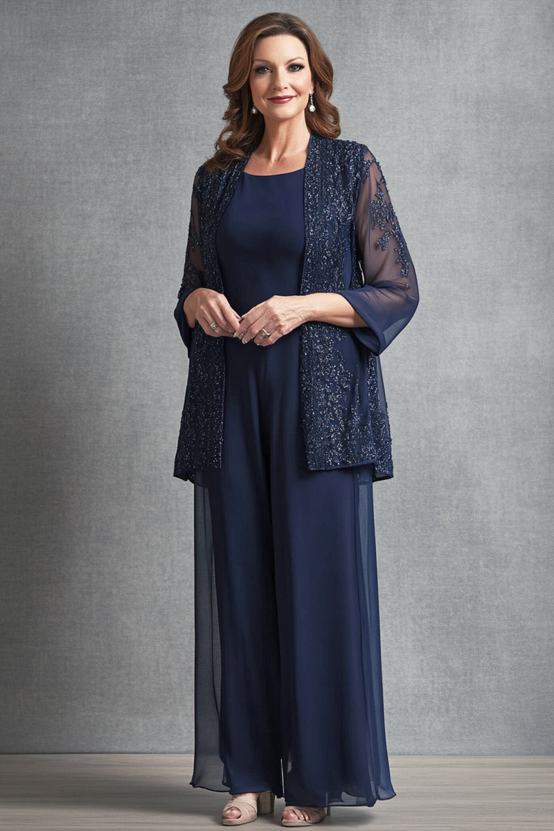 Laden Sie das Bild in den Galerie-Viewer, Glitzer Marineblau Chiffon Overall mit Blumen Jacke