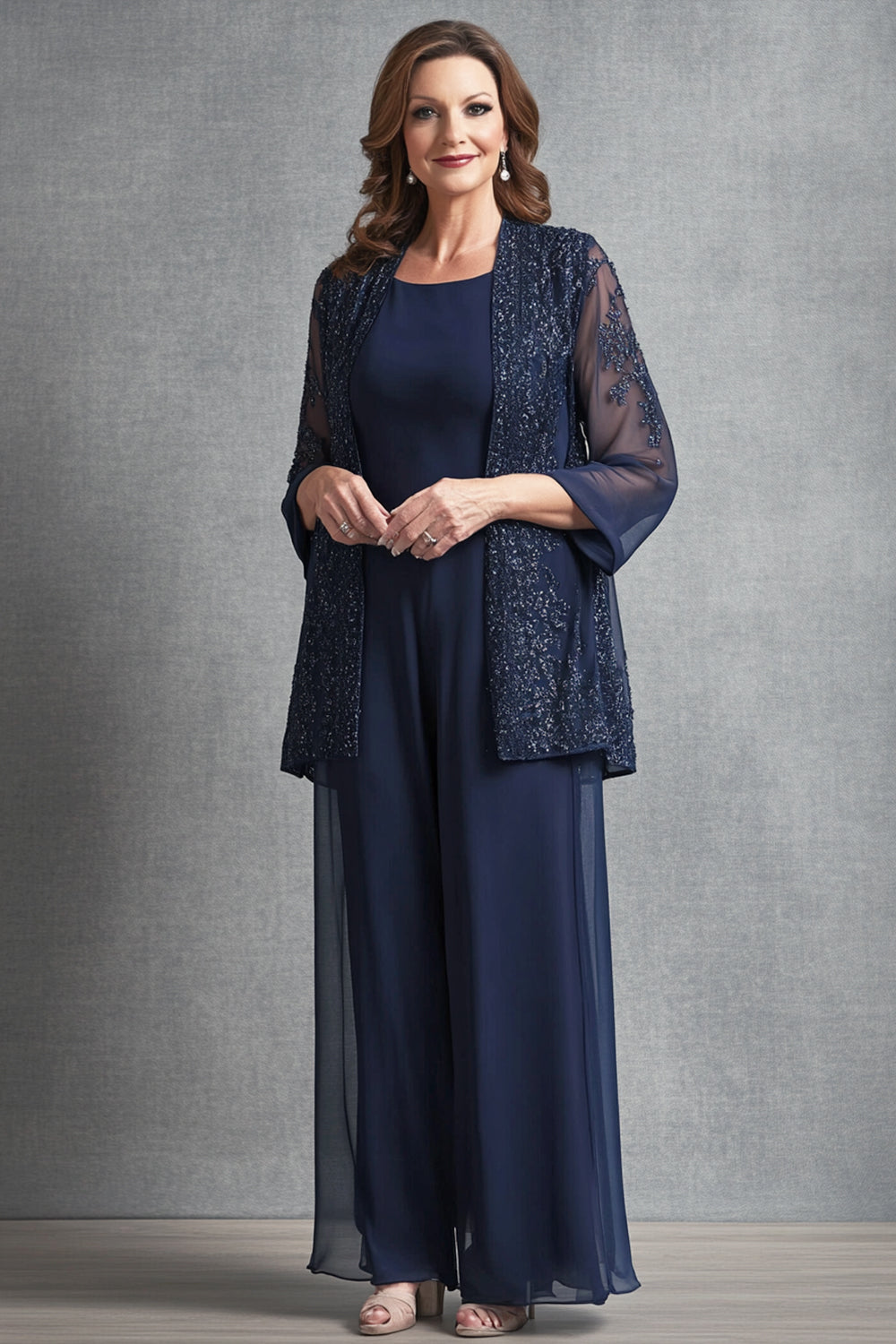 Glitzer Marineblau Chiffon Overall mit Blumen Jacke