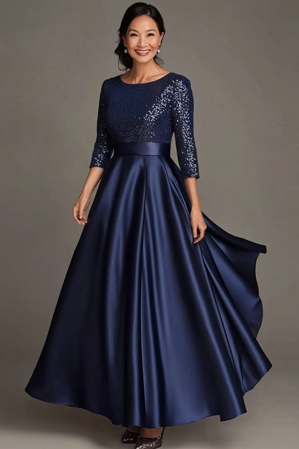 Glitzer Marineblau Rundhals Satin Kleid für die Brautmutter