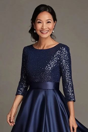 Glitzer Marineblau Rundhals Satin Kleid für die Brautmutter