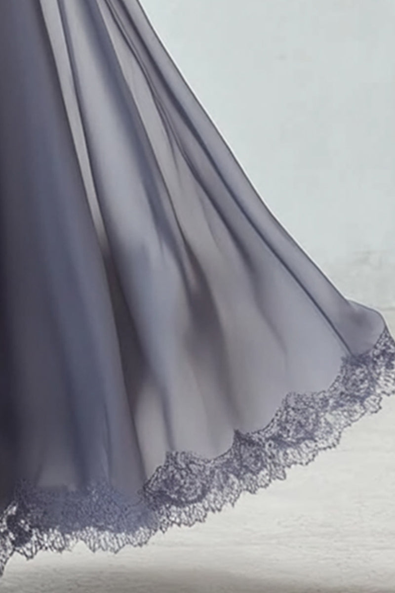Laden Sie das Bild in den Galerie-Viewer, Staubblau A Linie Rundhals Spitze Langes Brautjungfernkleid mit Ärmel