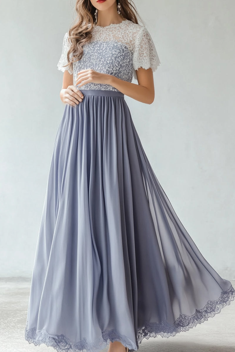 Laden Sie das Bild in den Galerie-Viewer, Staubblau A Linie Rundhals Spitze Langes Brautjungfernkleid mit Ärmel