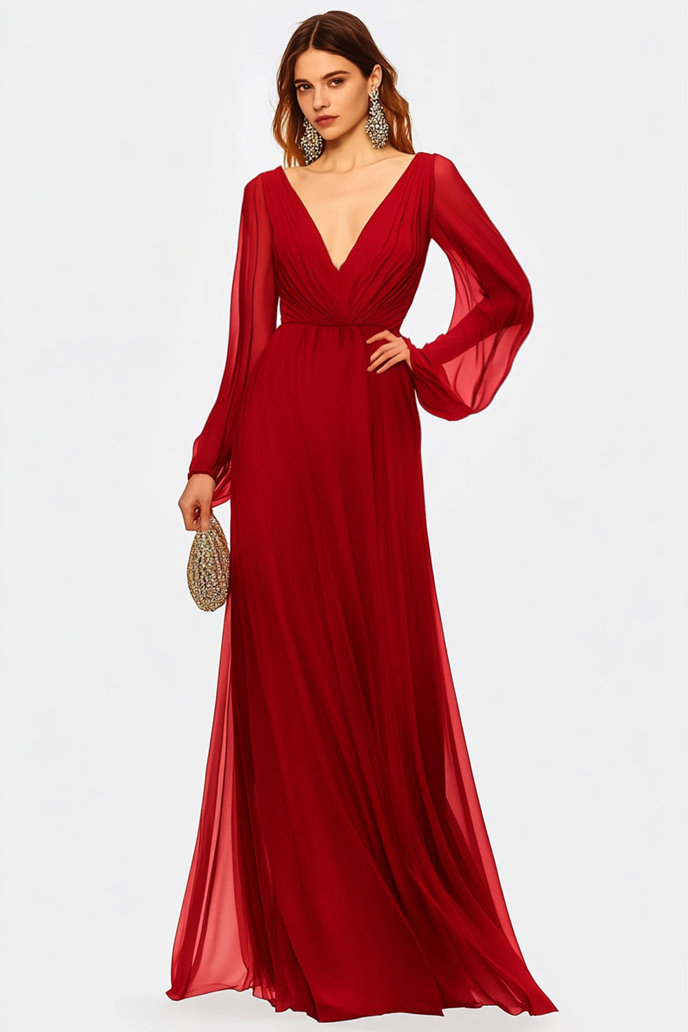 Rote A Linie V-Ausschnitt Chiffon Langes Abendkleid mit Ärmeln