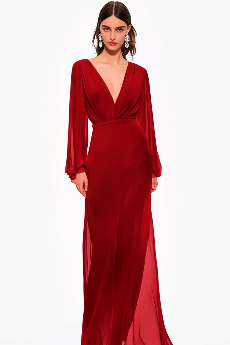 Laden Sie das Bild in den Galerie-Viewer, Rote A Linie V-Ausschnitt Chiffon Langes Abendkleid mit Ärmeln